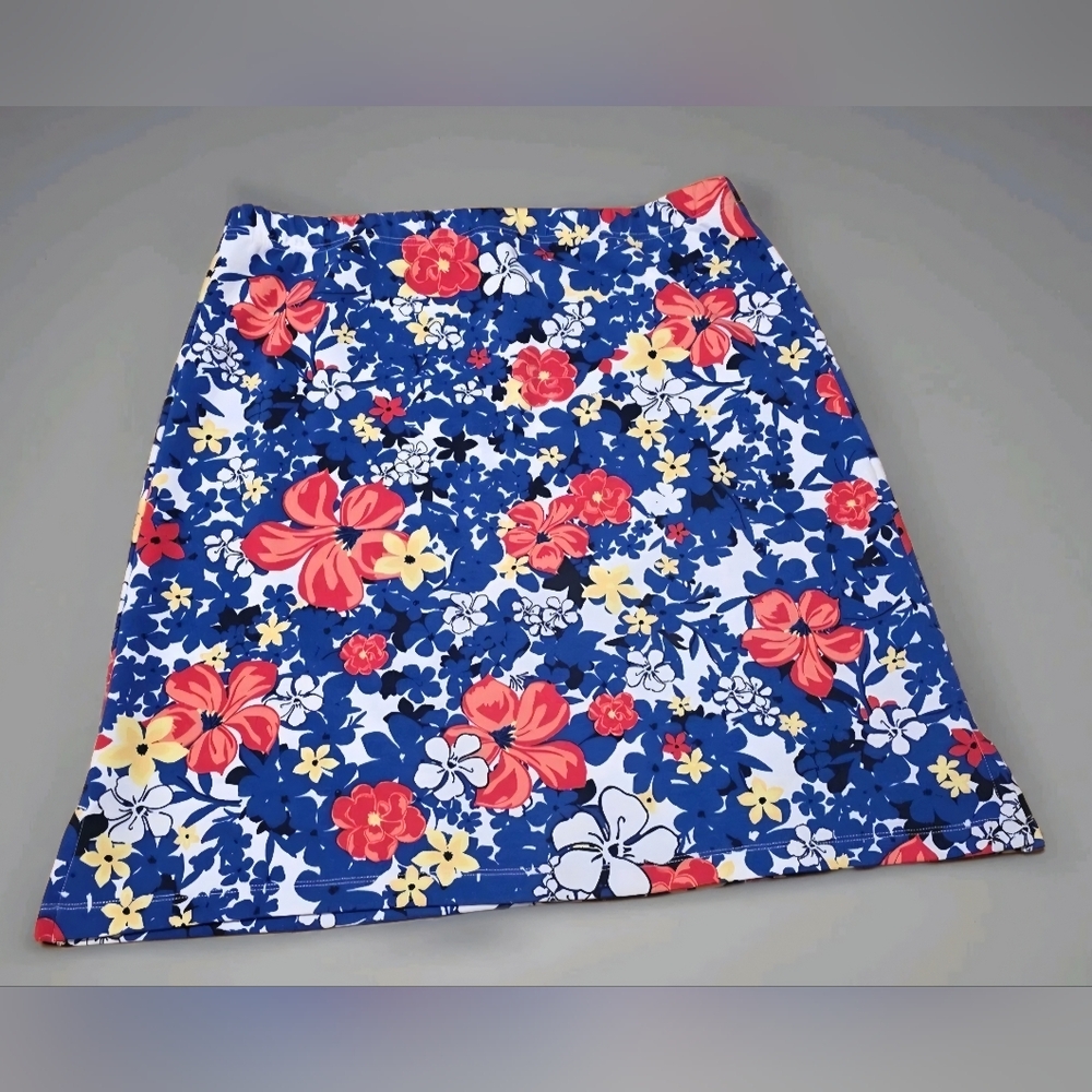 Talbots Blue Red White Floral Stretch Straight Knee Length Skirt Size L